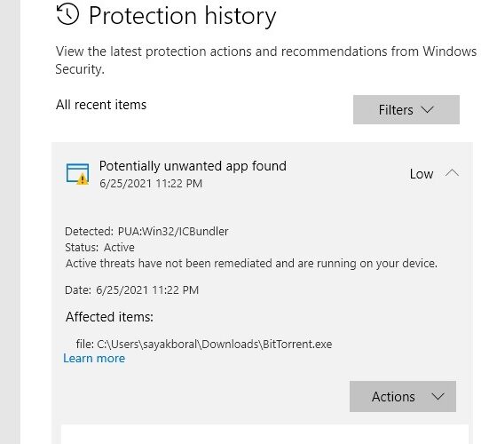 Necesita el historial de protección antivirus de Windows Defender