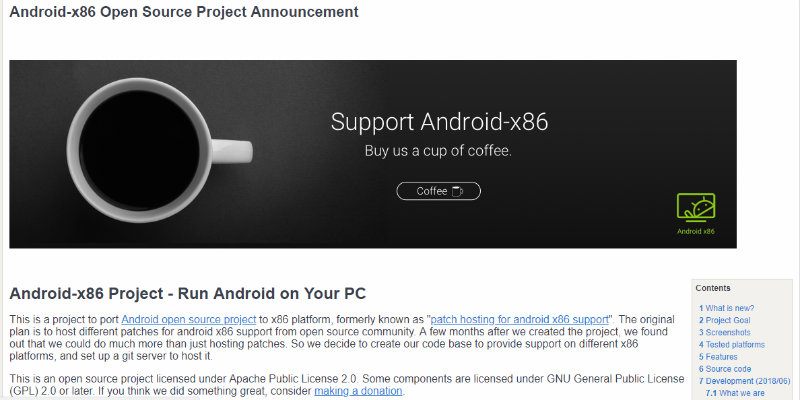 Instantánea del sitio web de Android X86.org