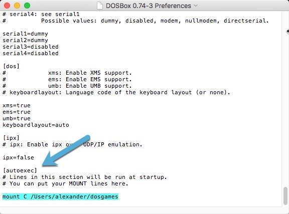 Comando de montaje Autoexec de preferencia de Dosbox