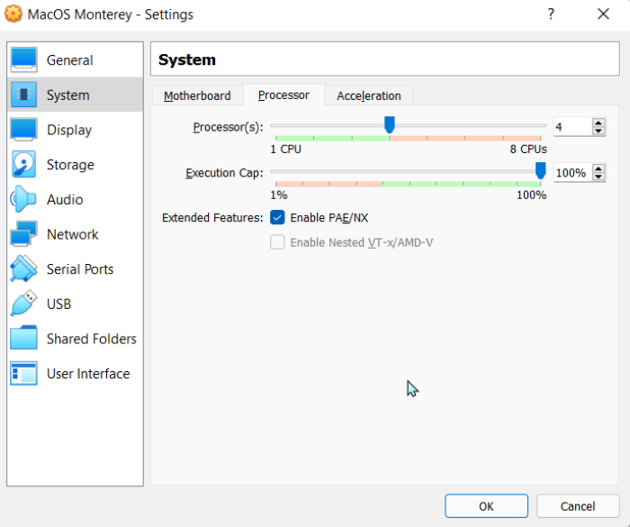 Configuración del procesador Macos Virtualbox