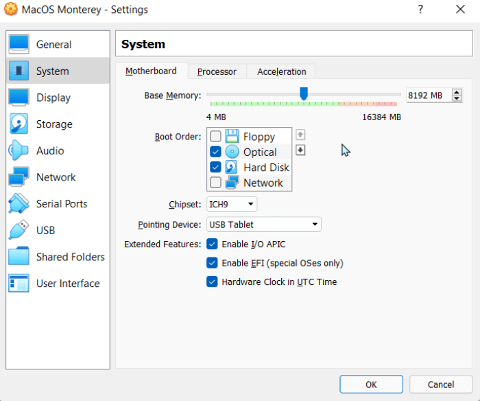 Configuración de la placa base Macos Virtualbox