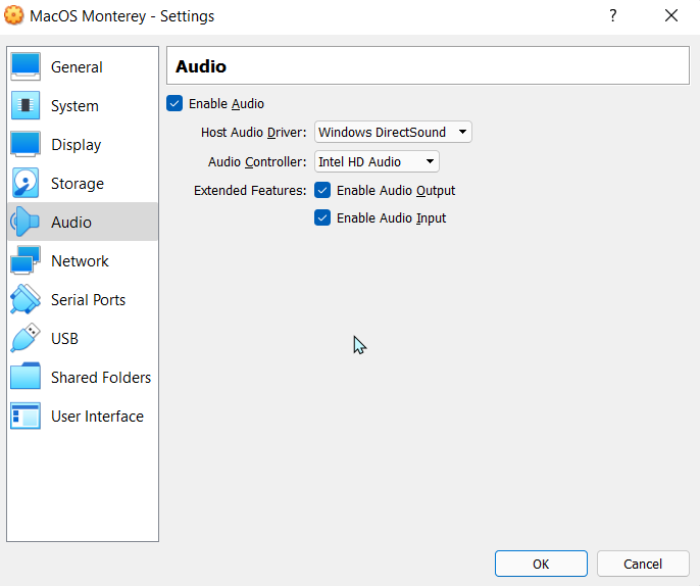 Configuración de audio de Macos Virtualbox