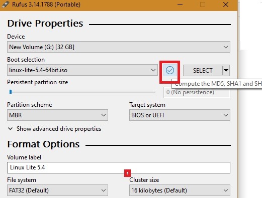 Suma de comprobación del archivo Iso de Rufus