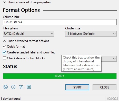 Opciones de formato de Rufus