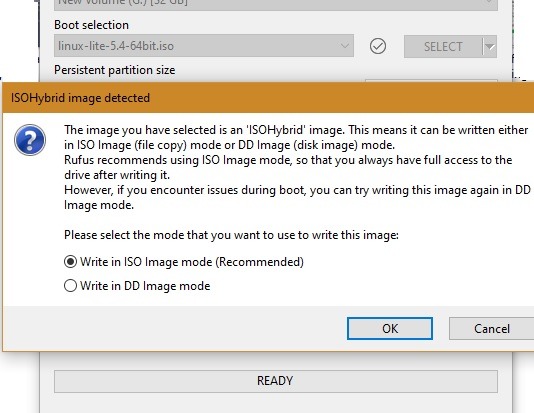 Modo de imagen híbrido Rufus Iso