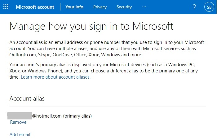 Alias ​​principal de Hotmail Cuenta de Microsoft