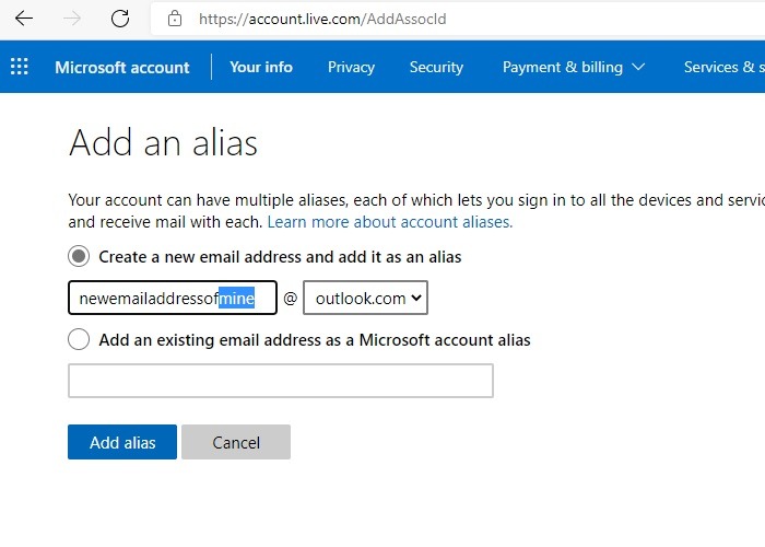 Iniciar sesión en Hotmail Outlook Agregar nuevo alias de correo electrónico