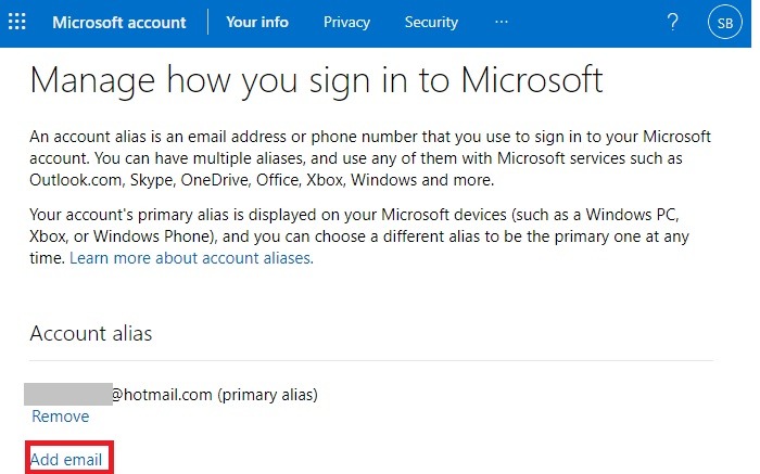 Hotmail Agregar alias de cuenta de correo electrónico