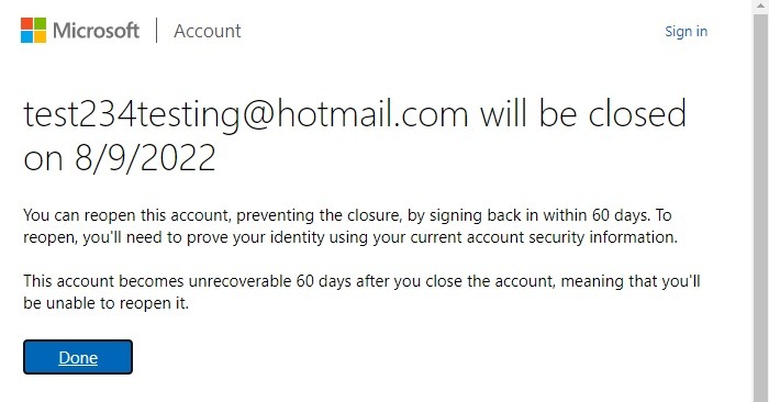 Cuenta de Hotmail cerrada con fecha