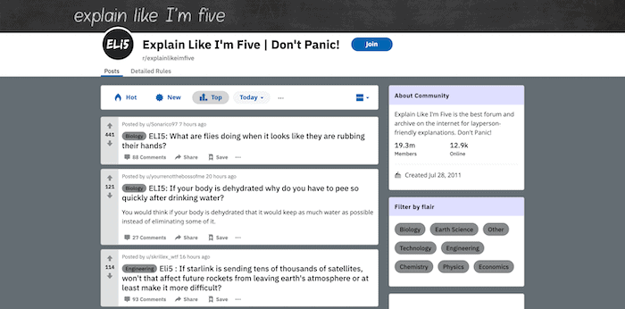 El subreddit Explícalo como si tuviera cinco años.
