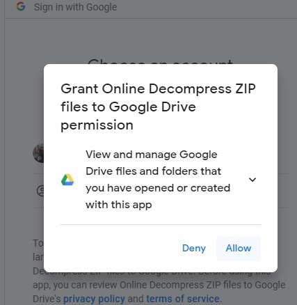 Otorgar permiso para descomprimir archivos zip en línea a Google Drive
