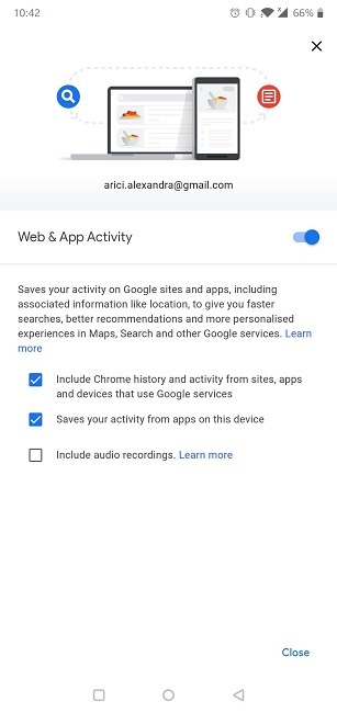 Borrar el historial de navegación web Android Actividad web y de aplicaciones de Chrome Desactivado