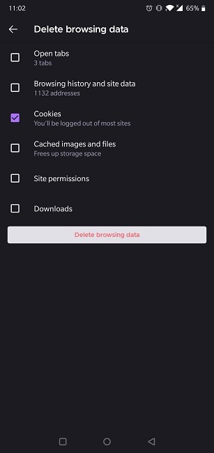 Borrar el historial de navegación web Android Fiefox Seleccionar datos para eliminar