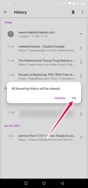 Borrar historial de navegación web Android Opera Confirmar eliminar historial