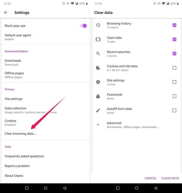 Borrar historial de navegación web Android Opera Advanced Borrar historial