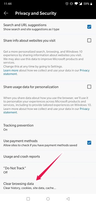 Borrar historial de navegación web Android Edge Borrar datos de navegación completos
