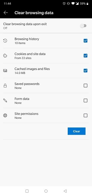 Borrar el historial de navegación web Android Edge Seleccionar datos para eliminar