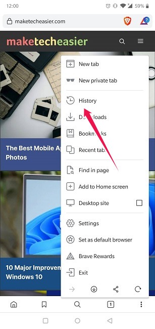 Borrar el historial de navegación web Android Brave History