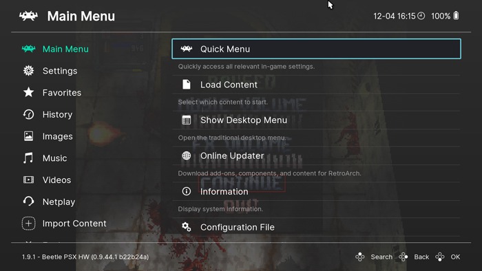 Juega juegos de Ps1 en PC Retroarch Loaded Menú rápido