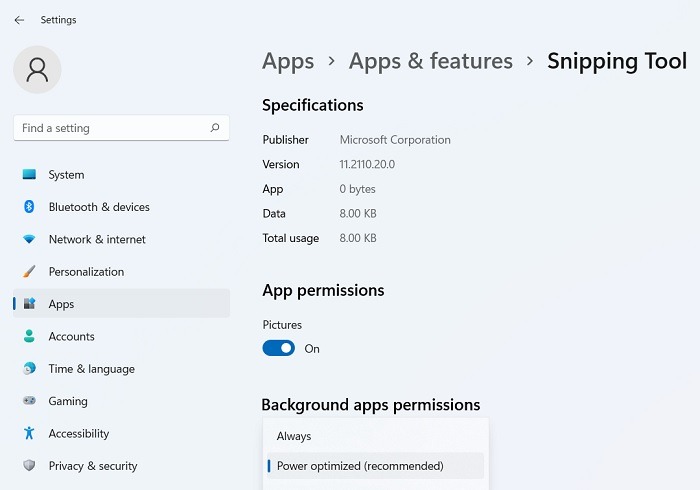 Herramienta de recorte Win11 Permisos de la aplicación Imágenes activadas