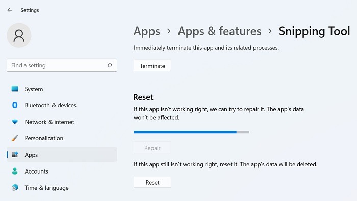 Herramienta de recorte Reparación de Win11