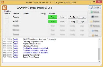 Panel de configuración de Windows Xampp