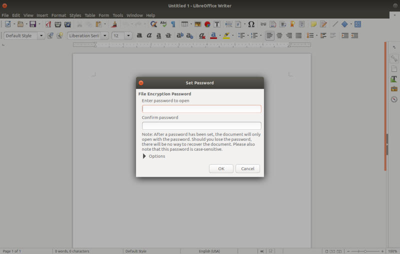 LibreOffice Elegir contraseña