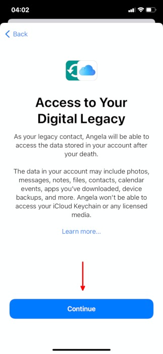 Legado digital Apple Ios Elija el acceso de contacto heredado