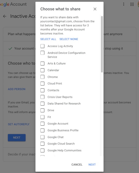 Legado digital Google Configurar contactos Agregar correo electrónico Seleccionar datos