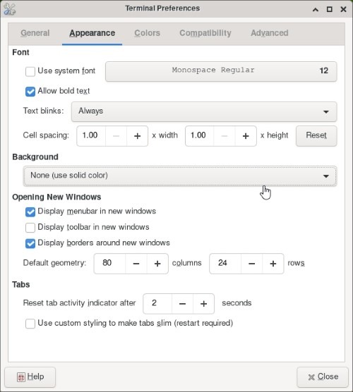 Apariencia de preferencias de terminal de paneles transparentes Xfce