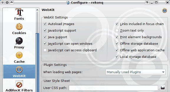Configuración del WebKit de rekonq