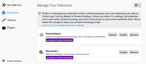 Extensiones del navegador Menú de complementos de Firefox