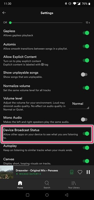 Conecte Spotify a Discord Estado de transmisión del dispositivo Android Spotify