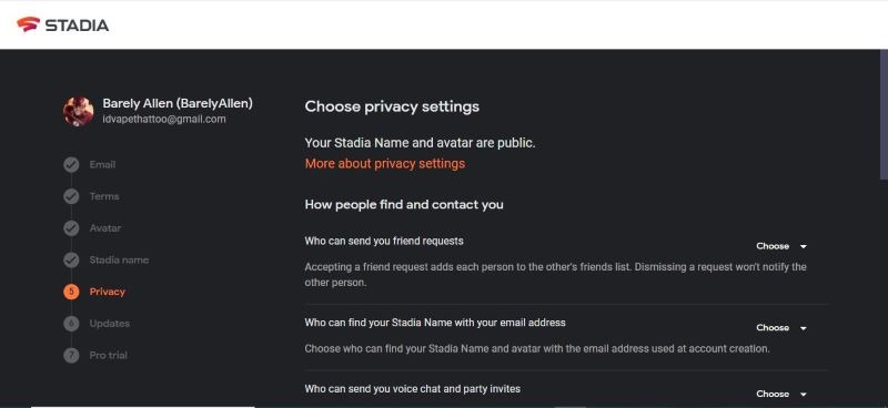 Configuración de privacidad de Stadia