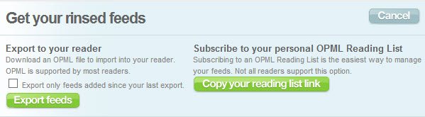 Descargue el archivo OPML con sus fuentes RSS personalizadas de Feed Rinse.