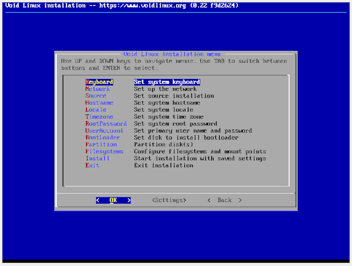 Menú del instalador de Voidlinux 8