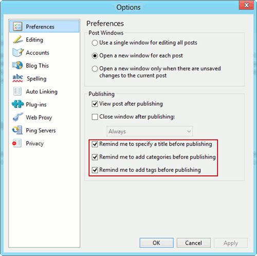 Opciones de recordatorio de Windows Live Writer