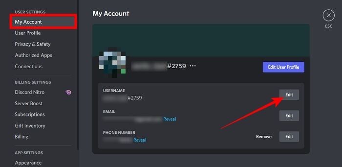 Cambiar el nombre de usuario de Discord Mi cuenta Editar