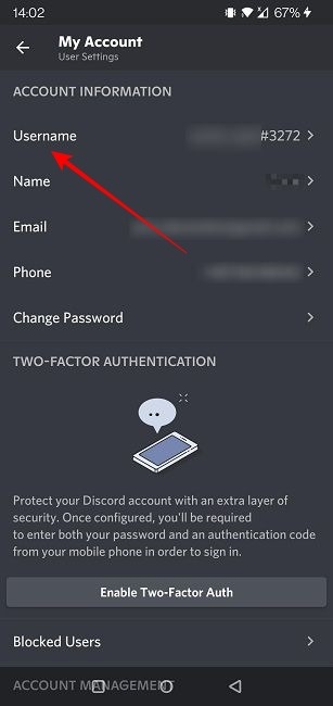 Cambiar el nombre de usuario de Discord Móvil Nuevo nombre de usuario