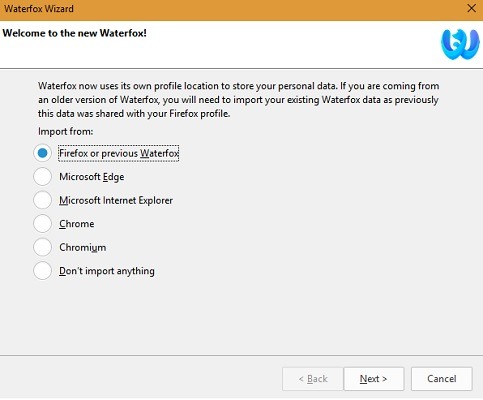 Importación de Waterfox desde Firefox