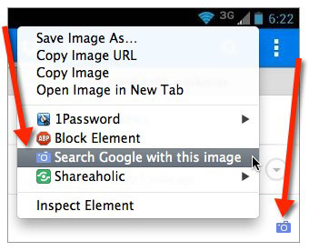Haga clic en el icono de la cámara o haga clic con el botón derecho en una imagen para buscar en Google por imagen.