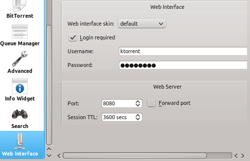 Configuración de la interfaz web de KTorrent