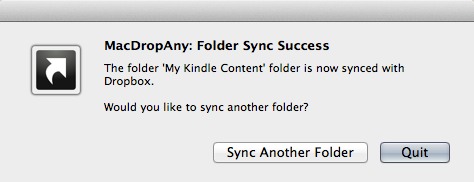 Mensaje de confirmación de éxito de sincronización de carpeta MacDropAny.