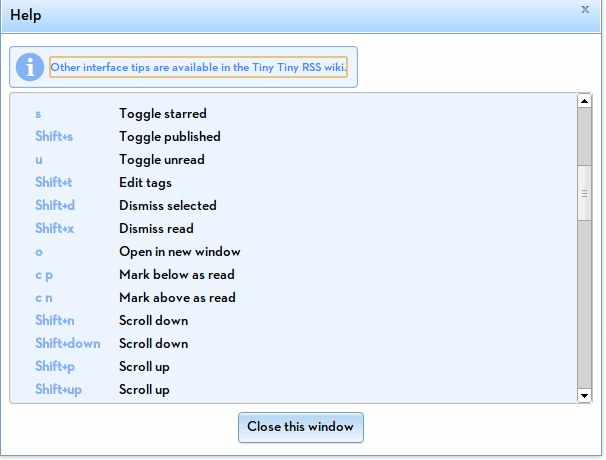 Atajos de teclado Tiny Tiny RSS