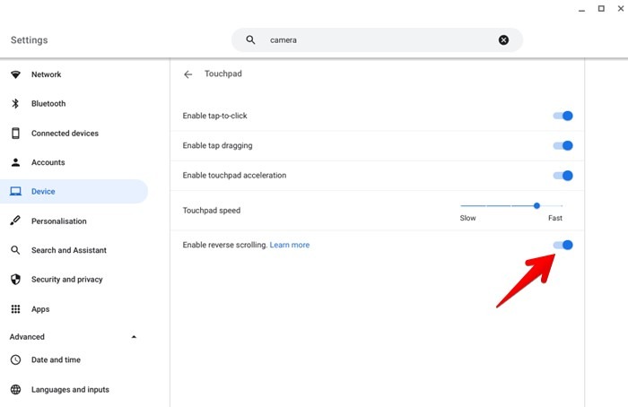 Desplazamiento inverso del panel táctil de Chromebook