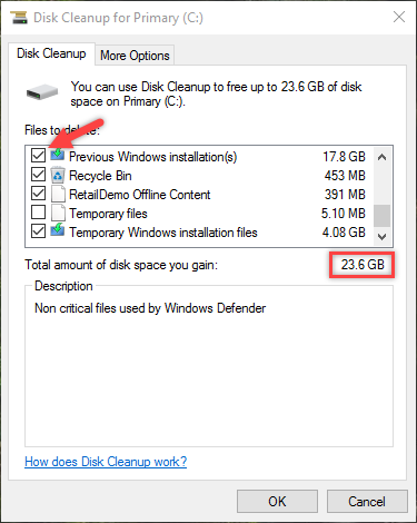 eliminar el tamaño total del archivo de la carpeta antigua de Windows