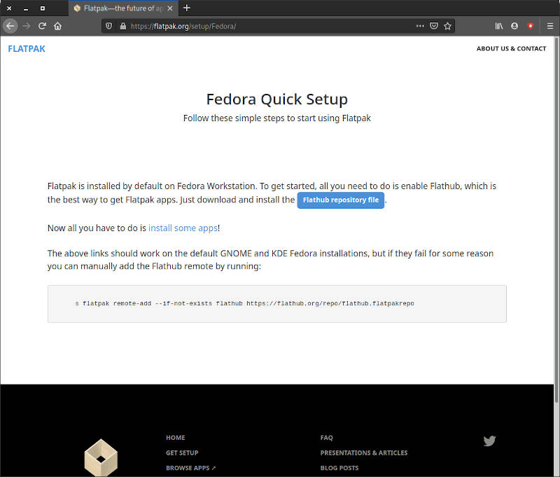 Página de configuración de Flatpak Fedora