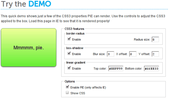 Demostración en vivo de CSS3 Pie para probar en Internet Explorer