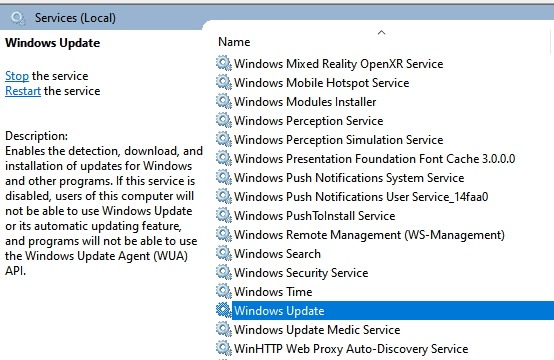 Actualización de Windows en services.msc