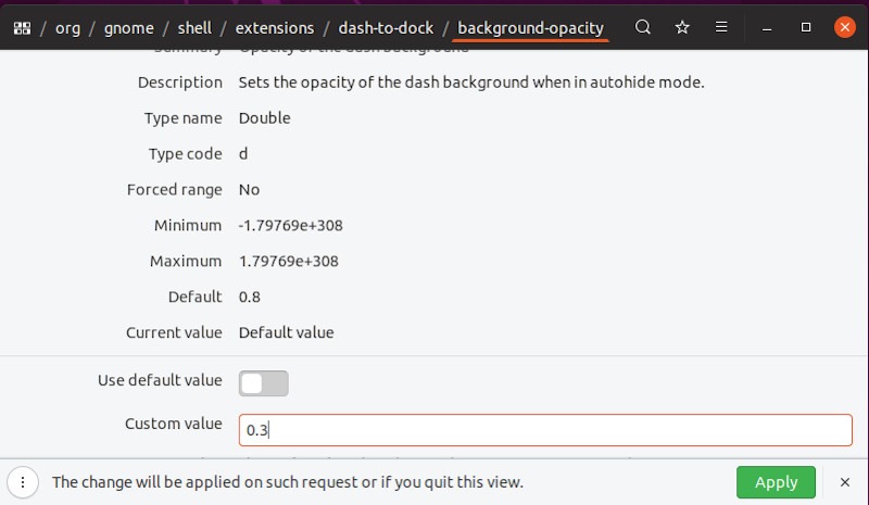 Ubuntu Dock Establecer valor de transparencia